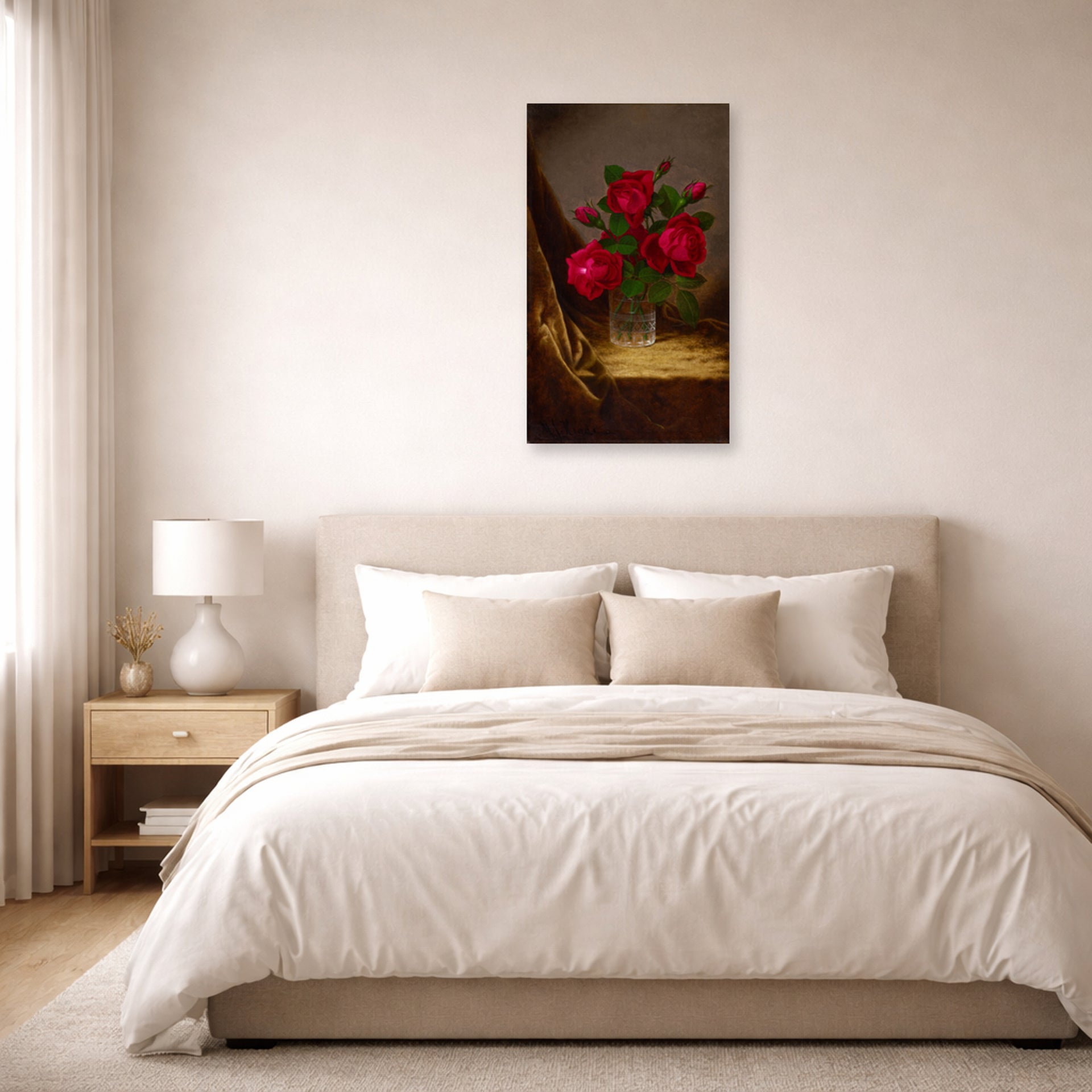 Unframed poster print of Martin Johnson Heade's 'Jacqueminot Roses' displayed on a wall in a bedroom