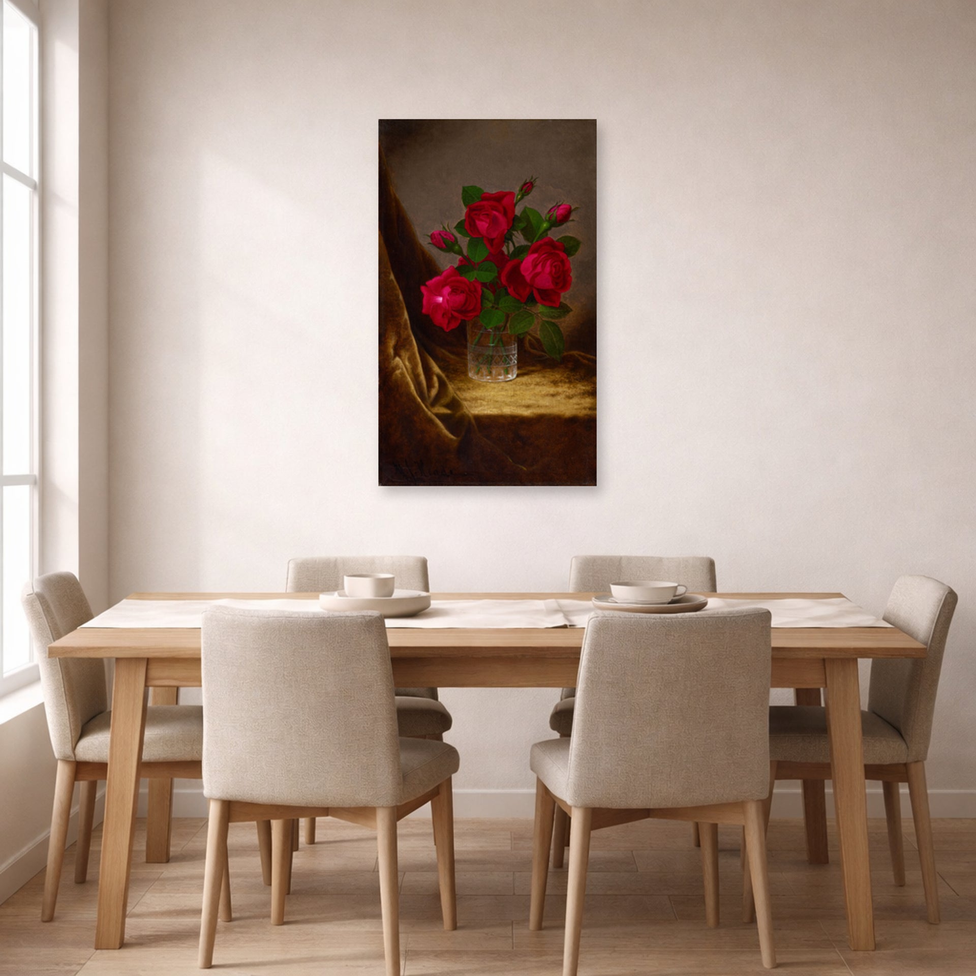 Unframed poster print of Martin Johnson Heade's 'Jacqueminot Roses' displayed on a wall in a dining room