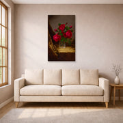 Unframed poster print of Martin Johnson Heade's 'Jacqueminot Roses' displayed on a wall in a living room