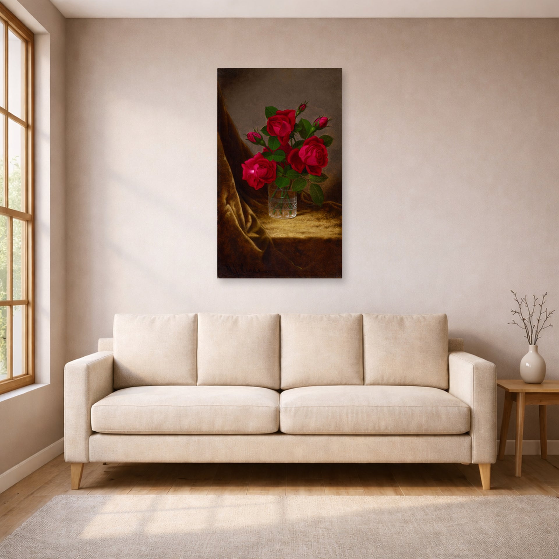 Unframed poster print of Martin Johnson Heade's 'Jacqueminot Roses' displayed on a wall in a living room