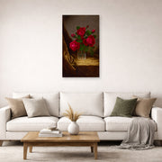 Unframed poster print of Martin Johnson Heade's 'Jacqueminot Roses' displayed on a wall in a living room