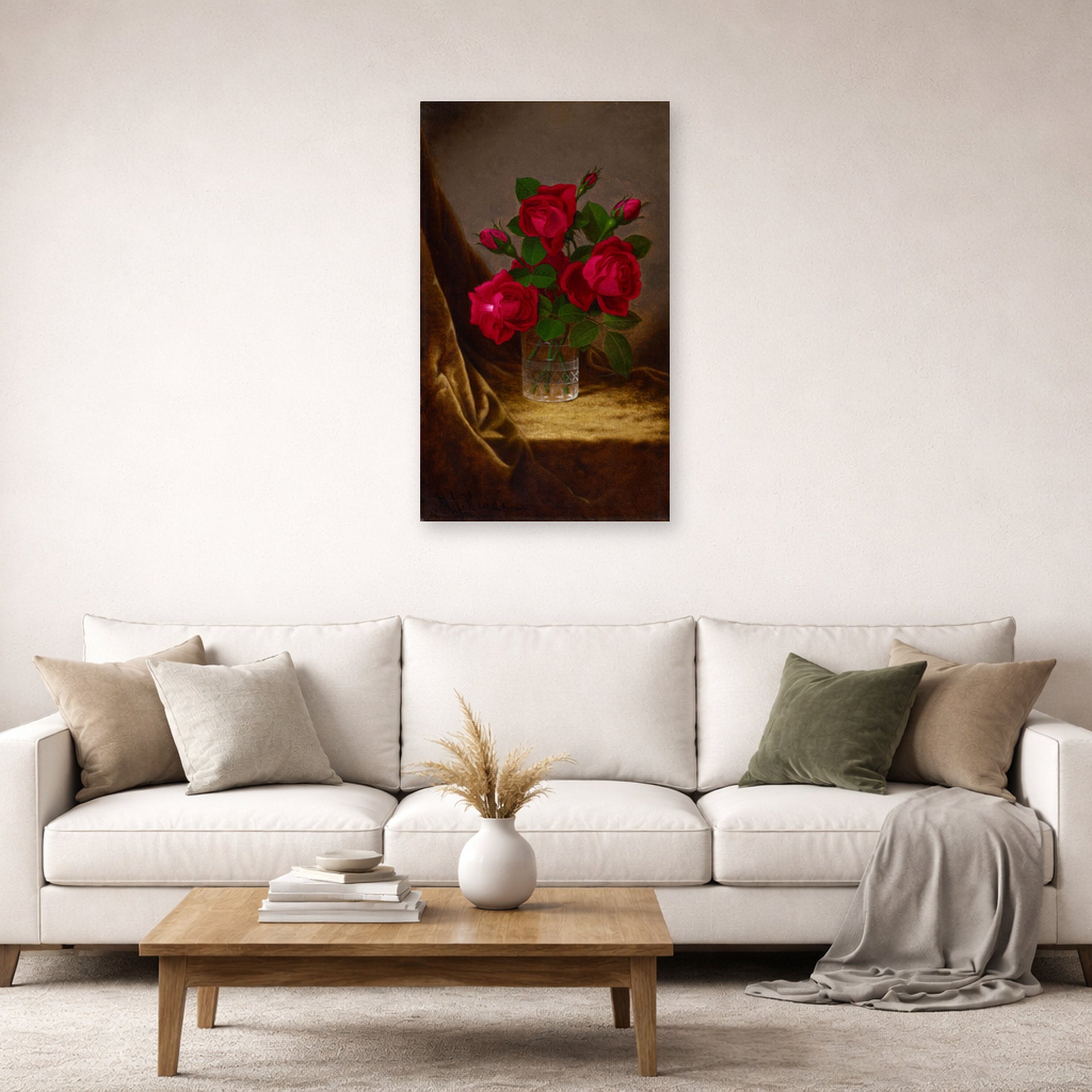 Unframed poster print of Martin Johnson Heade's 'Jacqueminot Roses' displayed on a wall in a living room