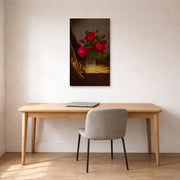 Unframed poster print of Martin Johnson Heade's 'Jacqueminot Roses' displayed on a wall in a office