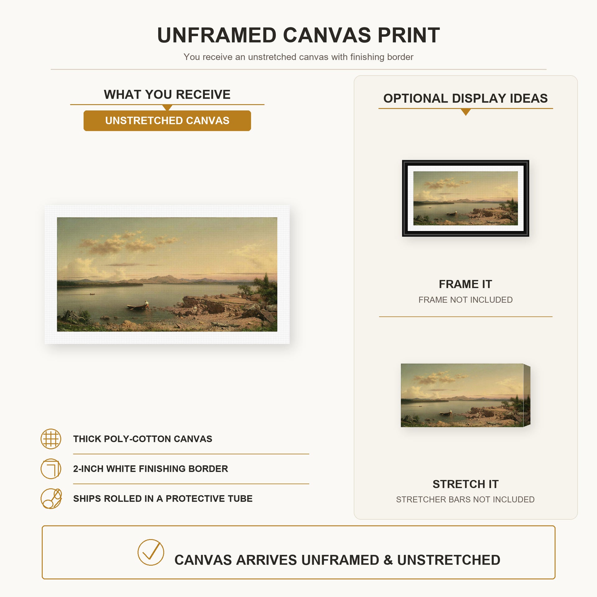 Martin Johnson Heade - Lake George canvas print size comparison and framing display infographic