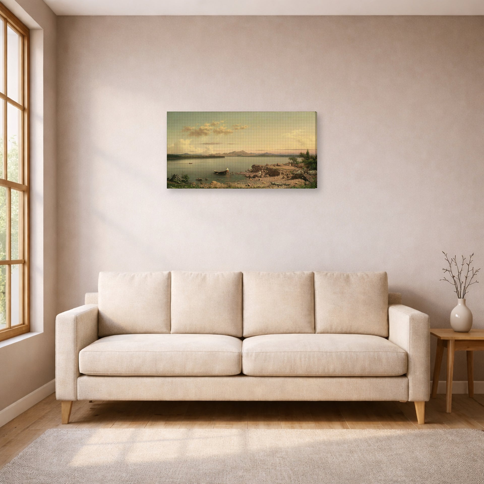 Gallery-wrapped canvas print of Martin Johnson Heade's 'Lake George' displayed on a wall in a living room