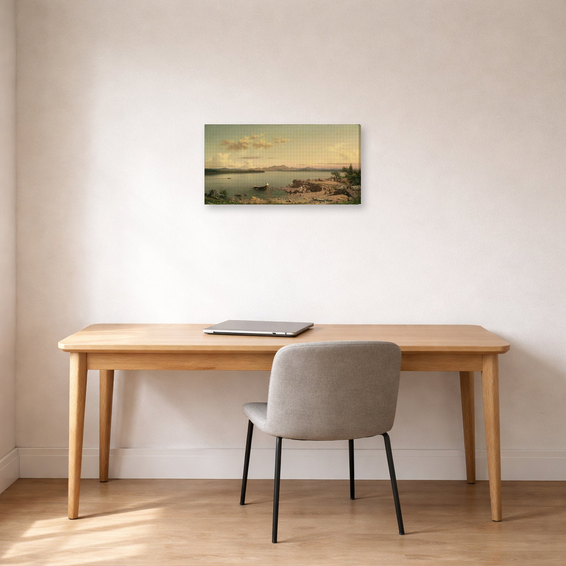 Gallery-wrapped canvas print of Martin Johnson Heade's 'Lake George' displayed on a wall in a office