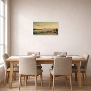 Unframed poster print of Martin Johnson Heade's 'Lake George' displayed on a wall in a dining room