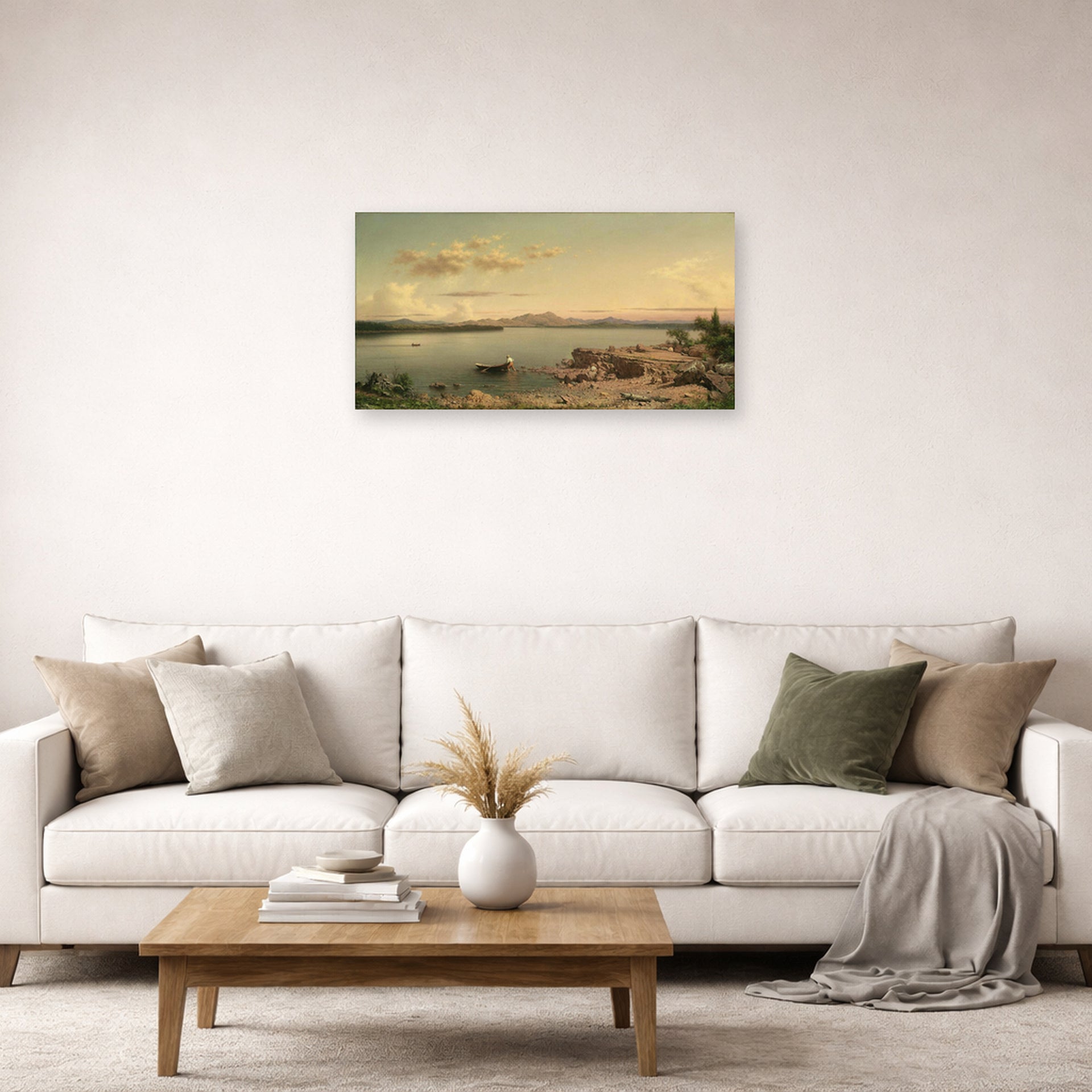 Unframed poster print of Martin Johnson Heade's 'Lake George' displayed on a wall in a living room