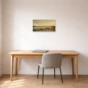 Unframed poster print of Martin Johnson Heade's 'Lake George' displayed on a wall in a office