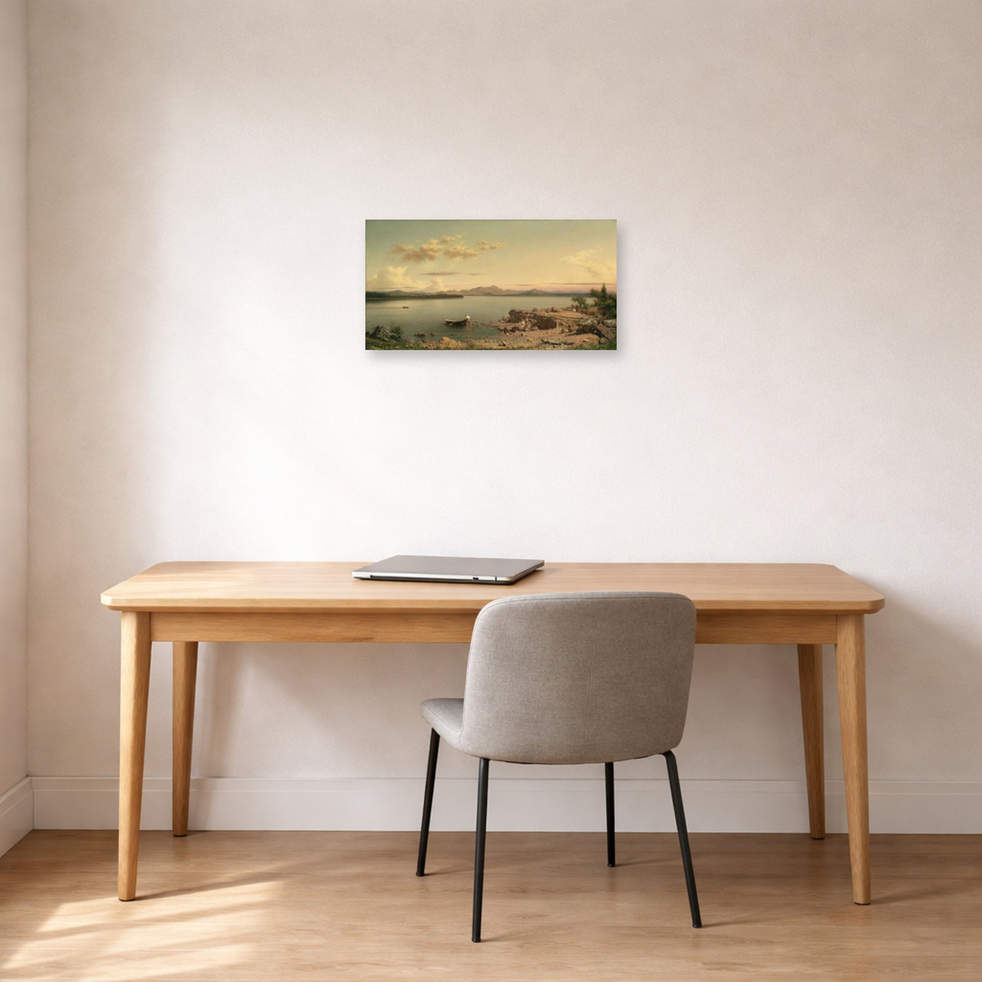 Unframed poster print of Martin Johnson Heade's 'Lake George' displayed on a wall in a office