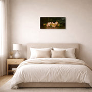 Gallery-wrapped canvas print of Martin Johnson Heade's 'Lotus Flowers' displayed on a wall in a bedroom