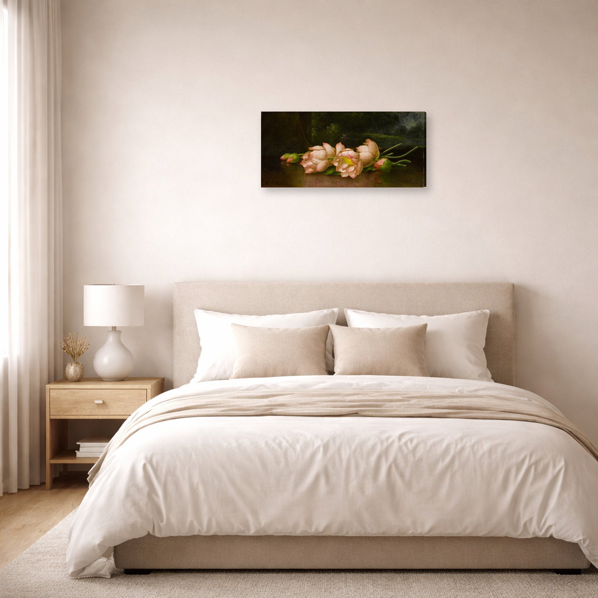 Gallery-wrapped canvas print of Martin Johnson Heade's 'Lotus Flowers' displayed on a wall in a bedroom