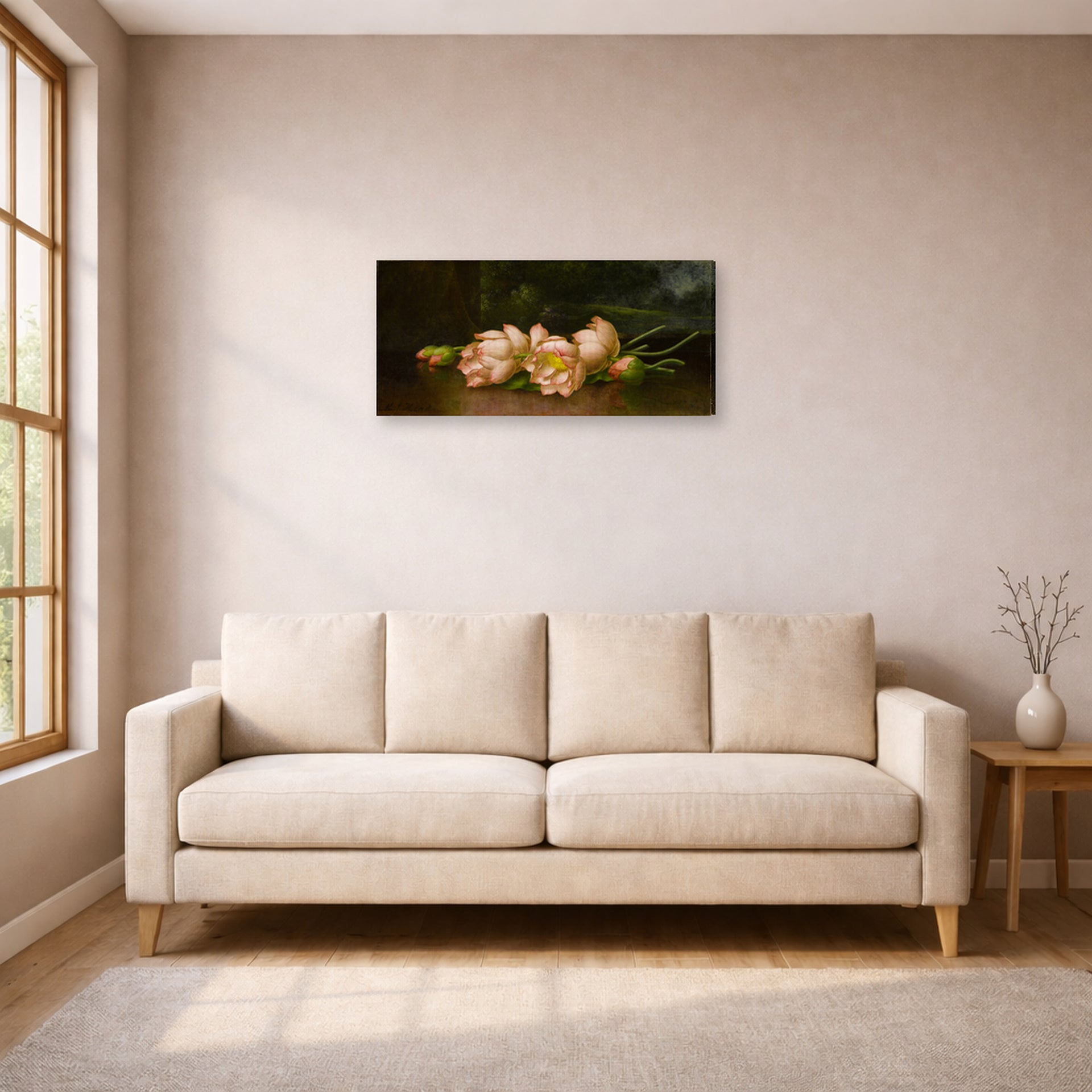 Gallery-wrapped canvas print of Martin Johnson Heade's 'Lotus Flowers' displayed on a wall in a living room