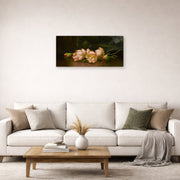 Gallery-wrapped canvas print of Martin Johnson Heade's 'Lotus Flowers' displayed on a wall in a living room