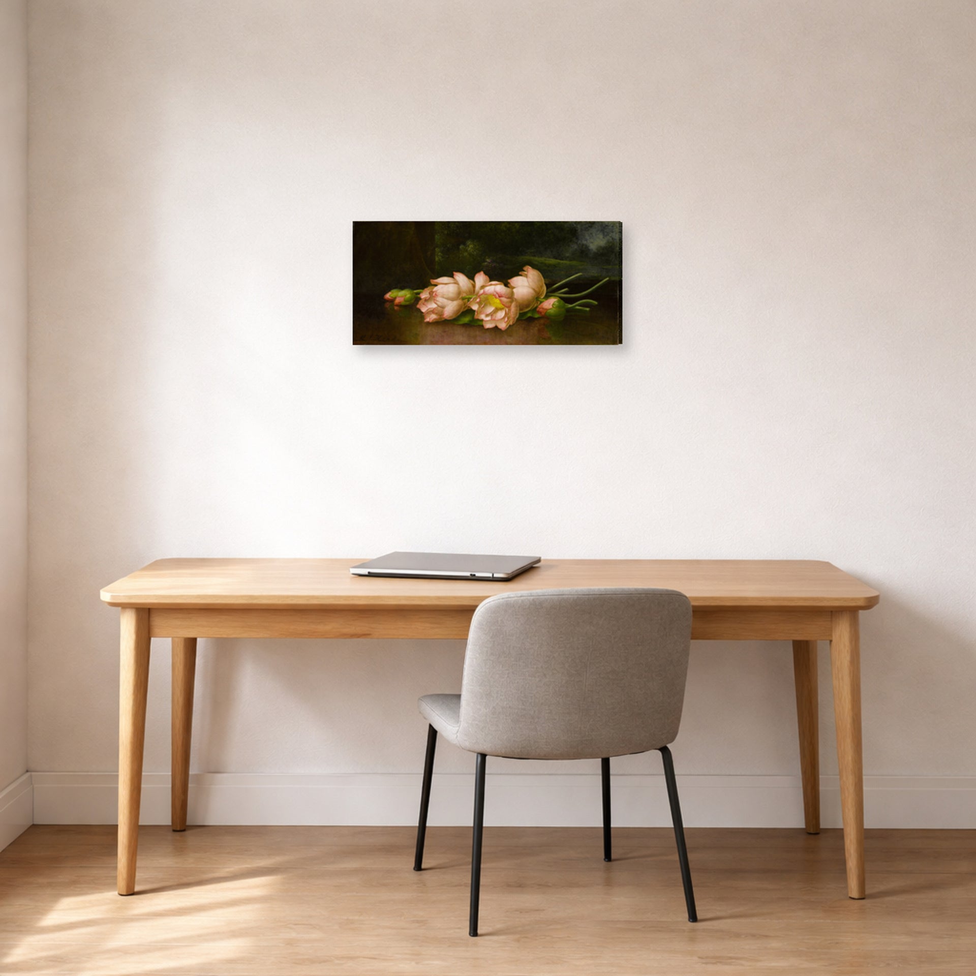 Gallery-wrapped canvas print of Martin Johnson Heade's 'Lotus Flowers' displayed on a wall in a office