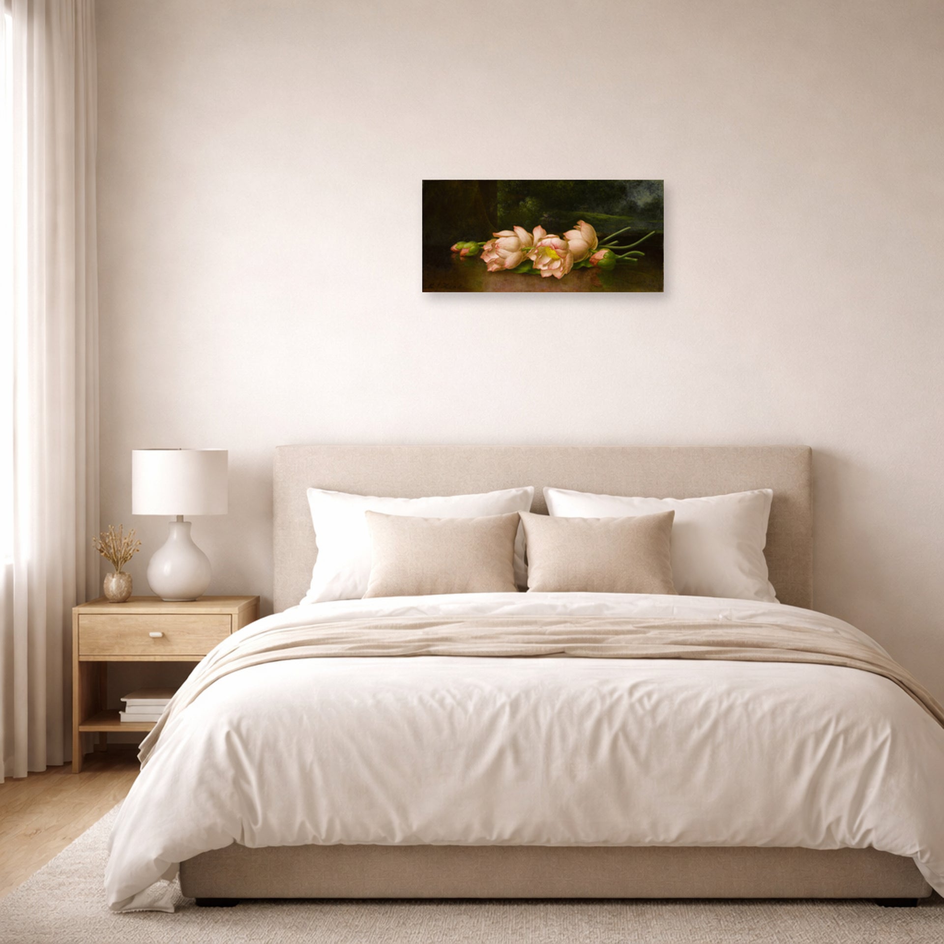 Unframed poster print of Martin Johnson Heade's 'Lotus Flowers' displayed on a wall in a bedroom
