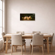 Unframed poster print of Martin Johnson Heade's 'Lotus Flowers' displayed on a wall in a dining room