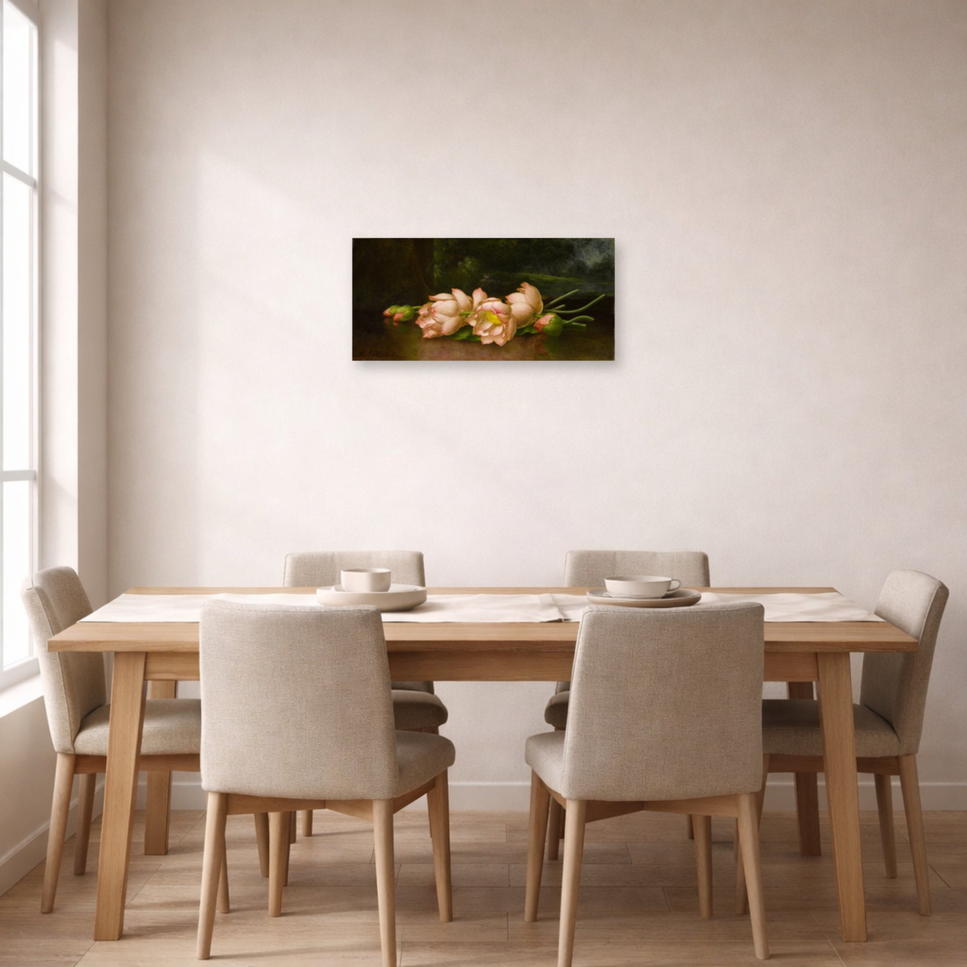 Unframed poster print of Martin Johnson Heade's 'Lotus Flowers' displayed on a wall in a dining room