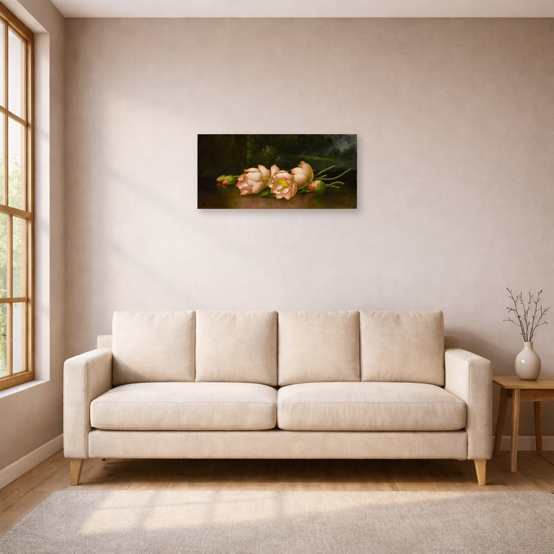 Unframed poster print of Martin Johnson Heade's 'Lotus Flowers' displayed on a wall in a living room