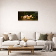 Unframed poster print of Martin Johnson Heade's 'Lotus Flowers' displayed on a wall in a living room
