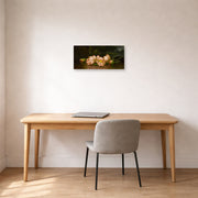 Unframed poster print of Martin Johnson Heade's 'Lotus Flowers' displayed on a wall in a office