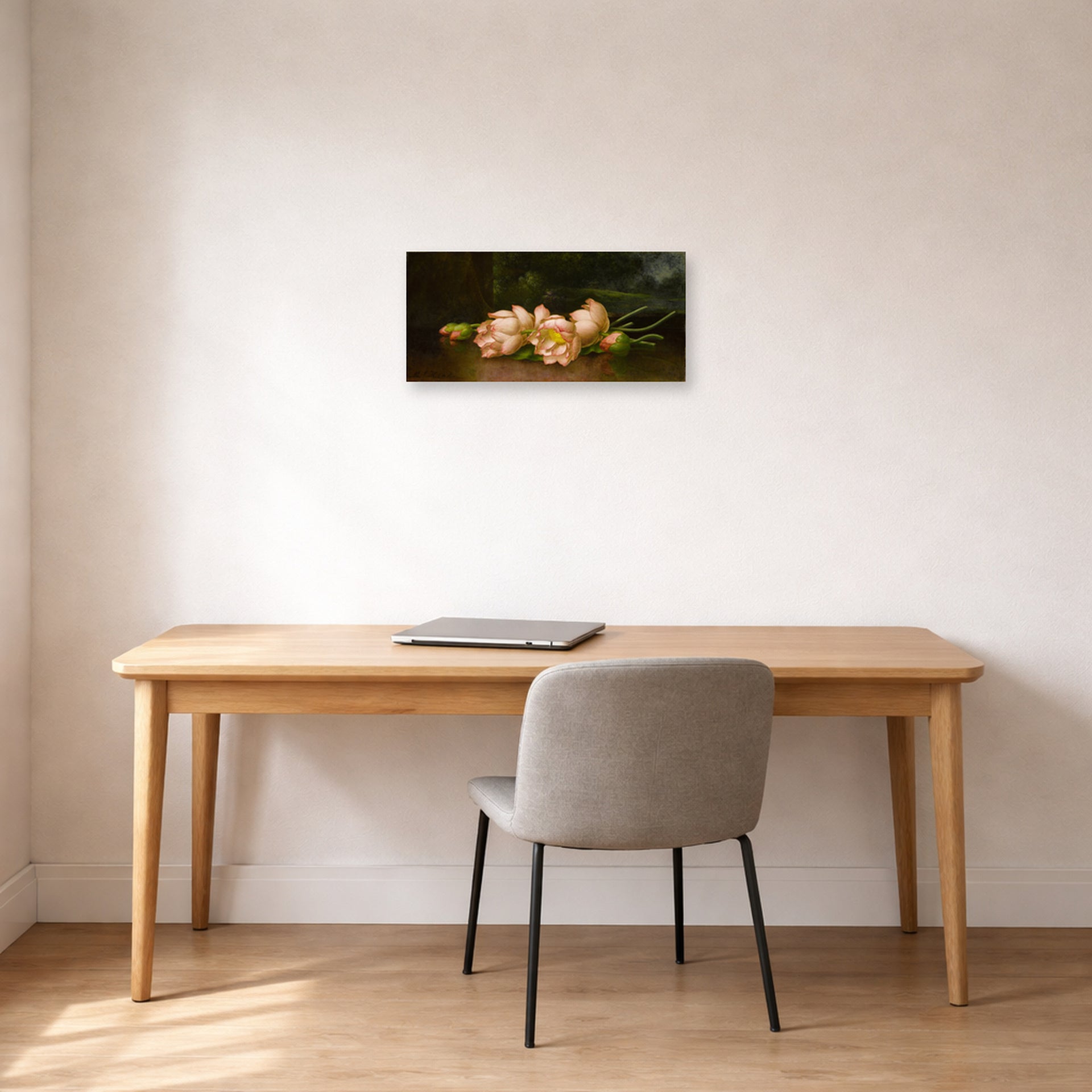 Unframed poster print of Martin Johnson Heade's 'Lotus Flowers' displayed on a wall in a office