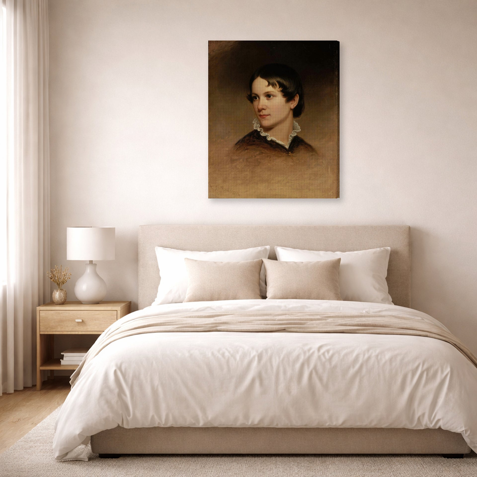 Gallery-wrapped canvas print of Martin Johnson Heade's 'Mary Rebecca Clark' displayed on a wall in a bedroom