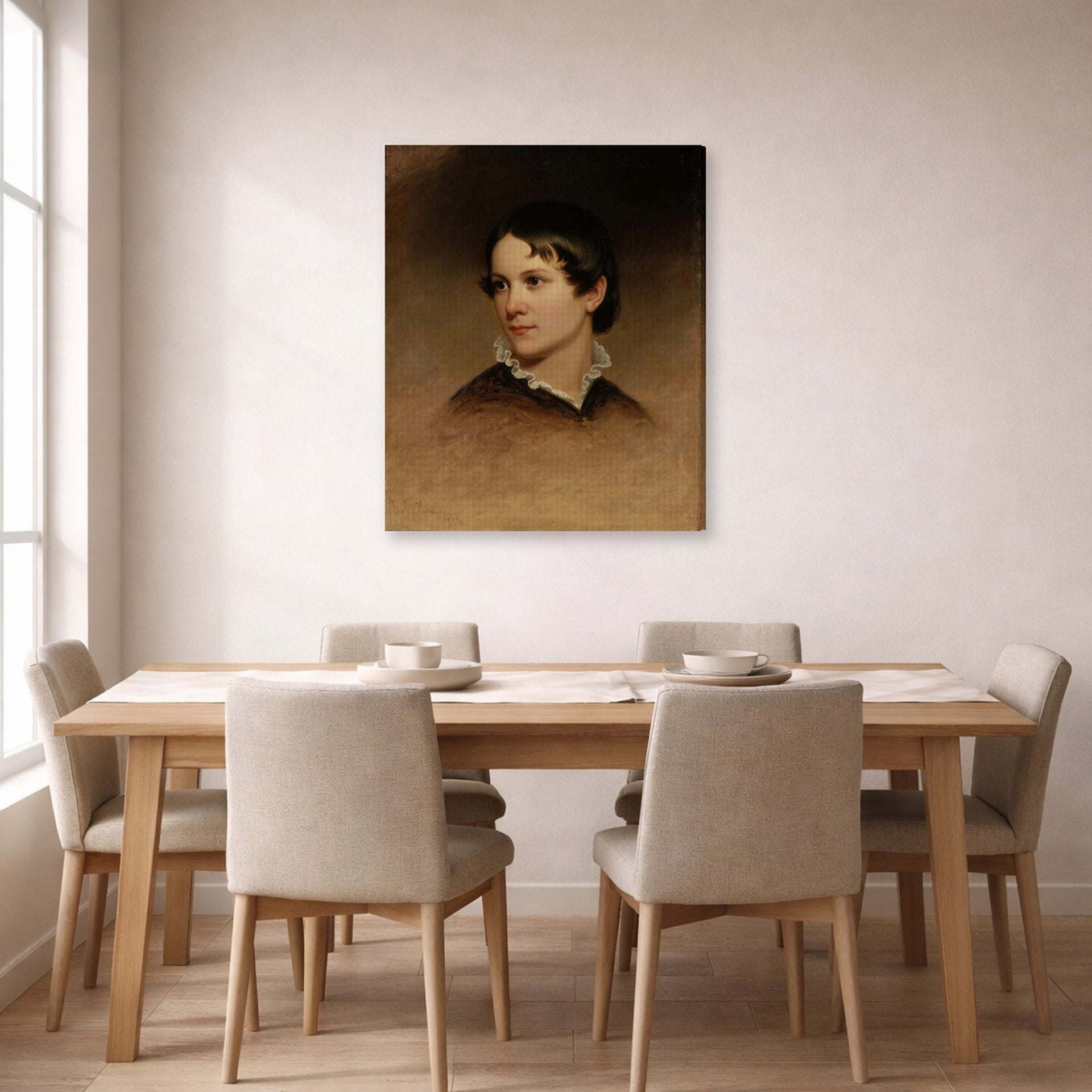 Gallery-wrapped canvas print of Martin Johnson Heade's 'Mary Rebecca Clark' displayed on a wall in a dining room
