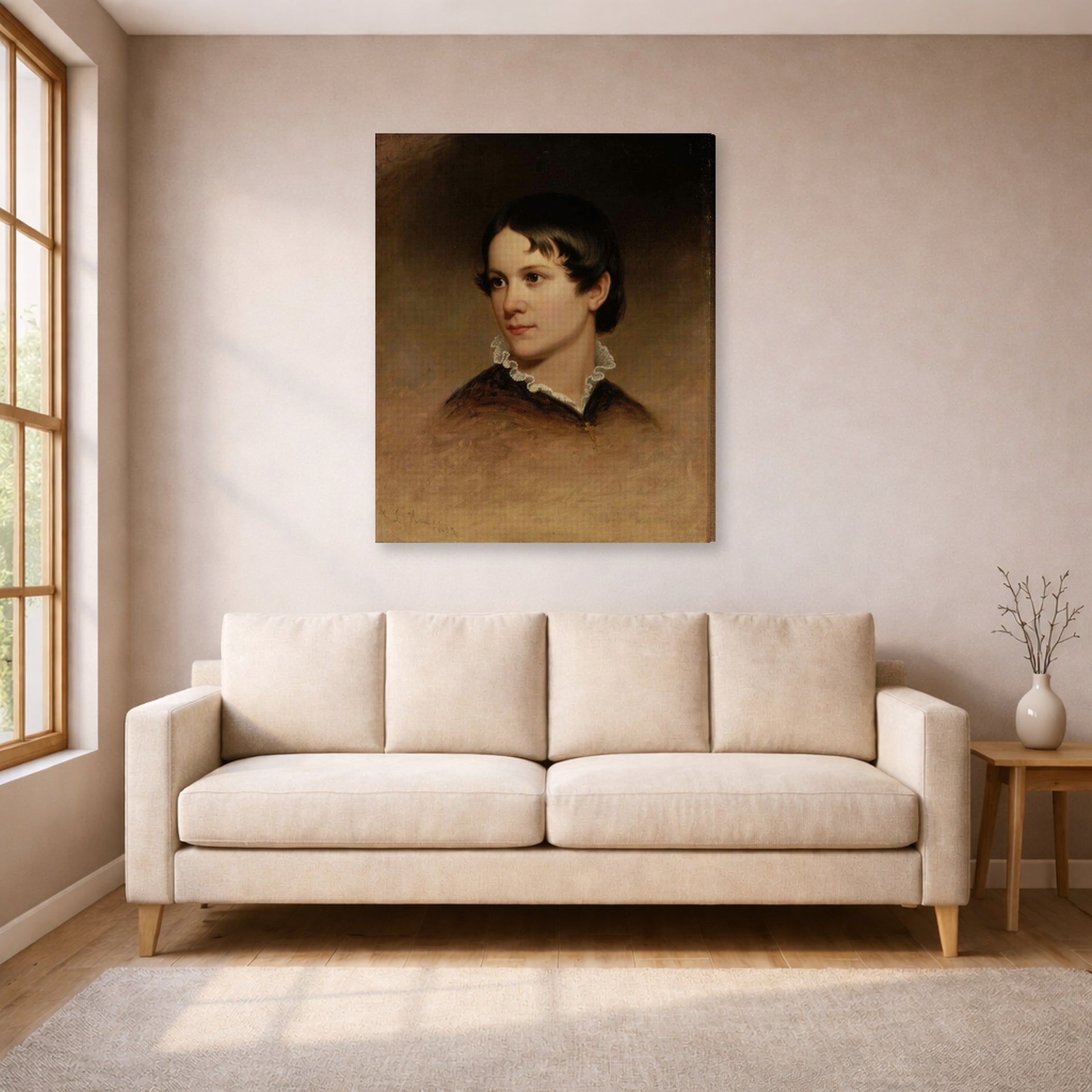 Gallery-wrapped canvas print of Martin Johnson Heade's 'Mary Rebecca Clark' displayed on a wall in a living room