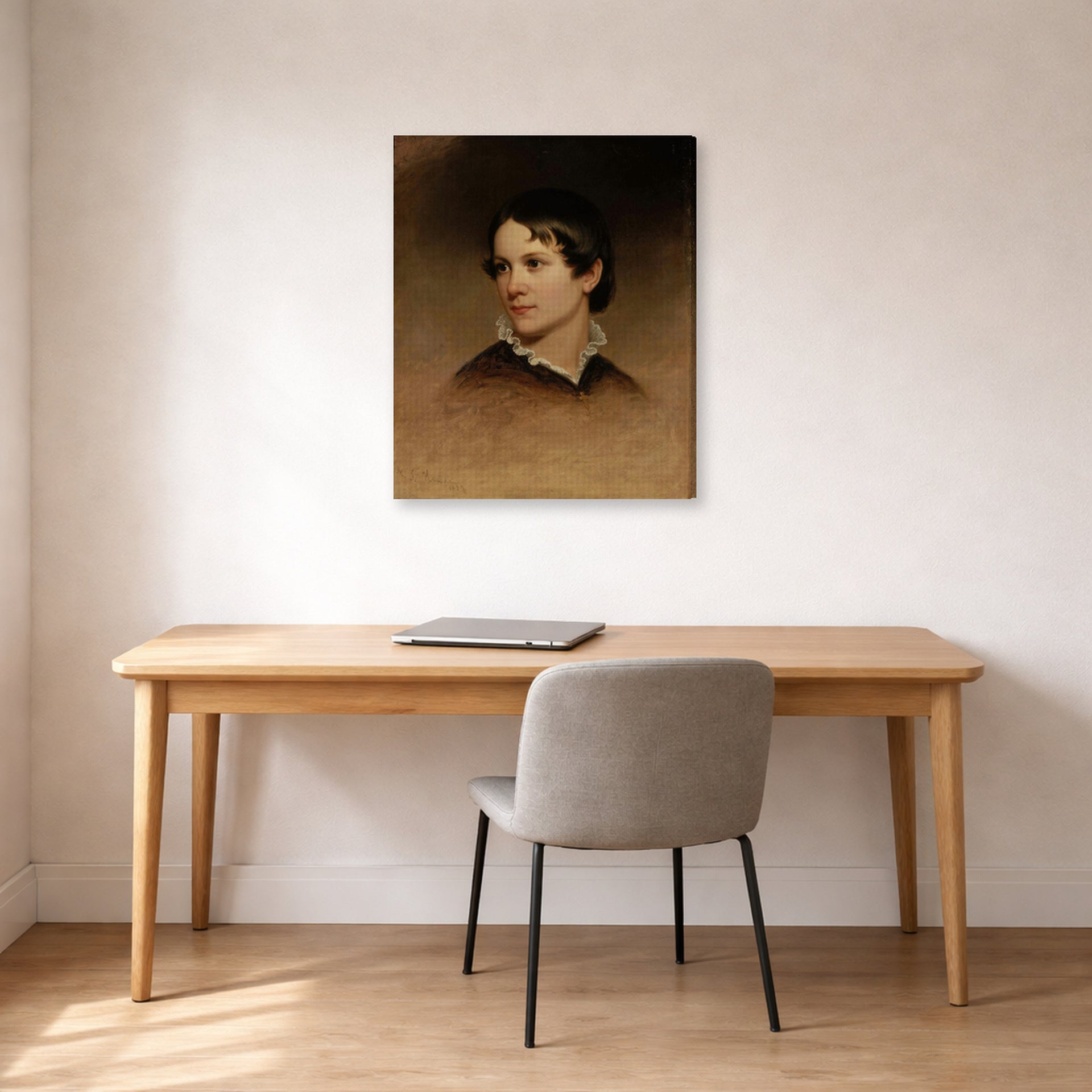 Gallery-wrapped canvas print of Martin Johnson Heade's 'Mary Rebecca Clark' displayed on a wall in a office