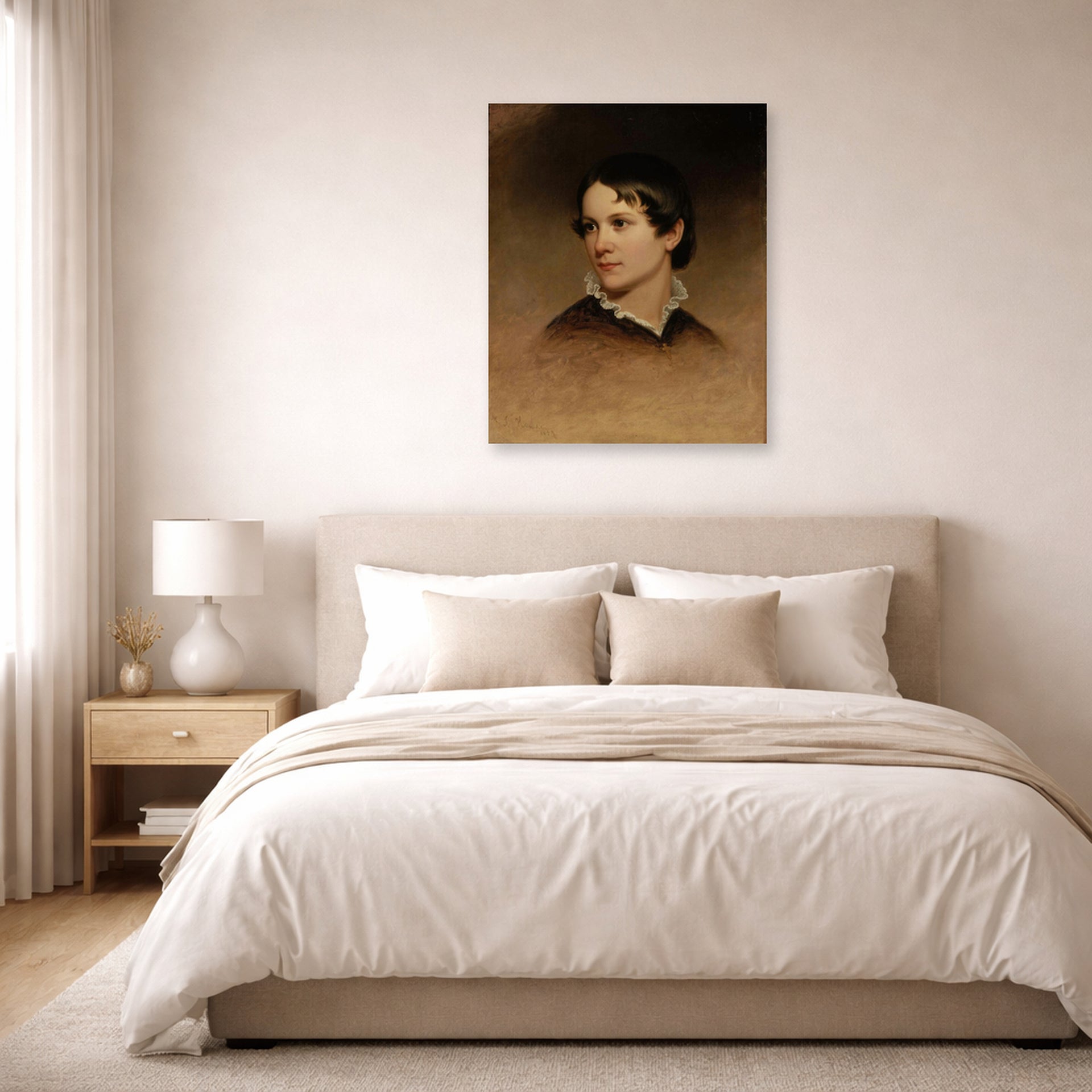 Unframed poster print of Martin Johnson Heade's 'Mary Rebecca Clark' displayed on a wall in a bedroom