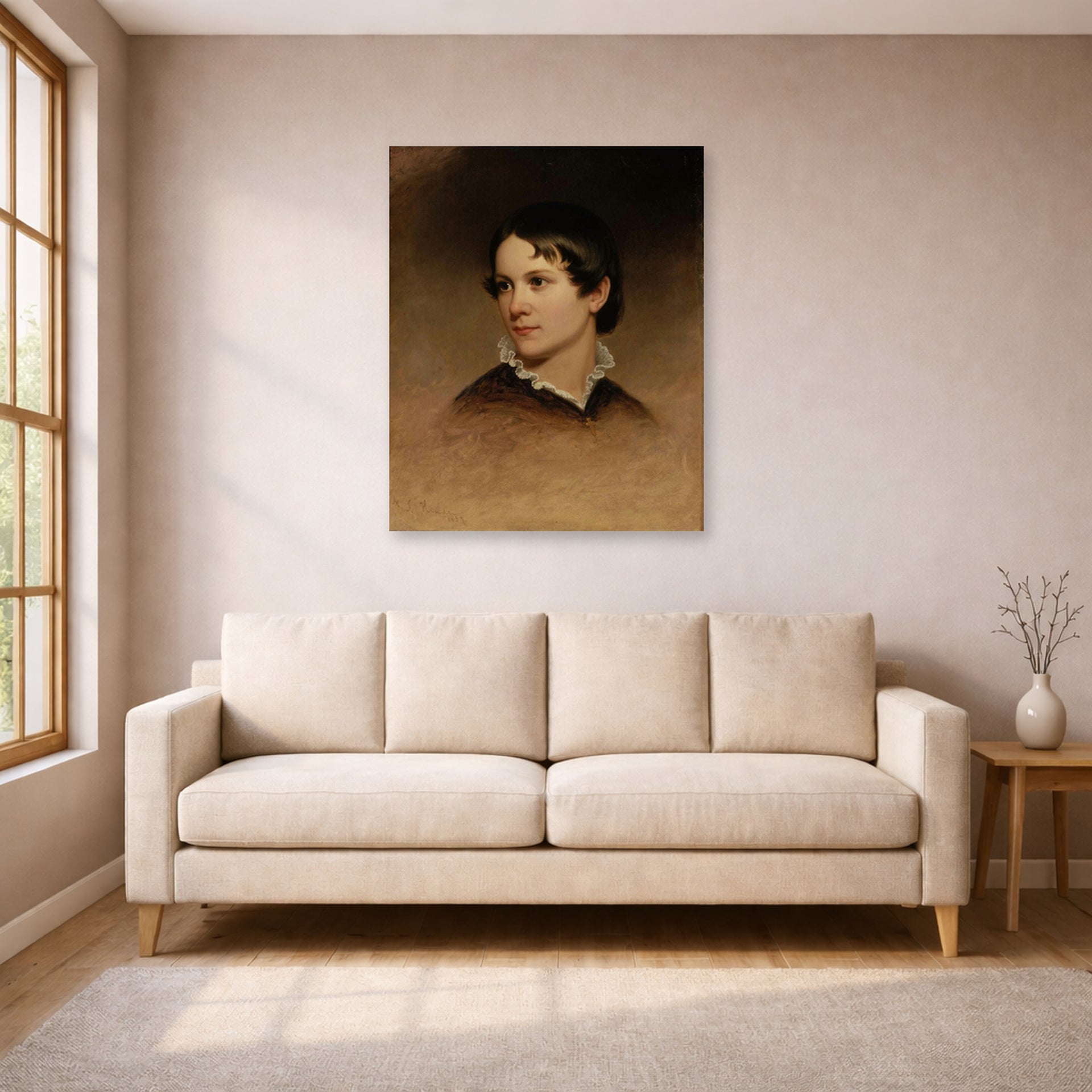 Unframed poster print of Martin Johnson Heade's 'Mary Rebecca Clark' displayed on a wall in a living room