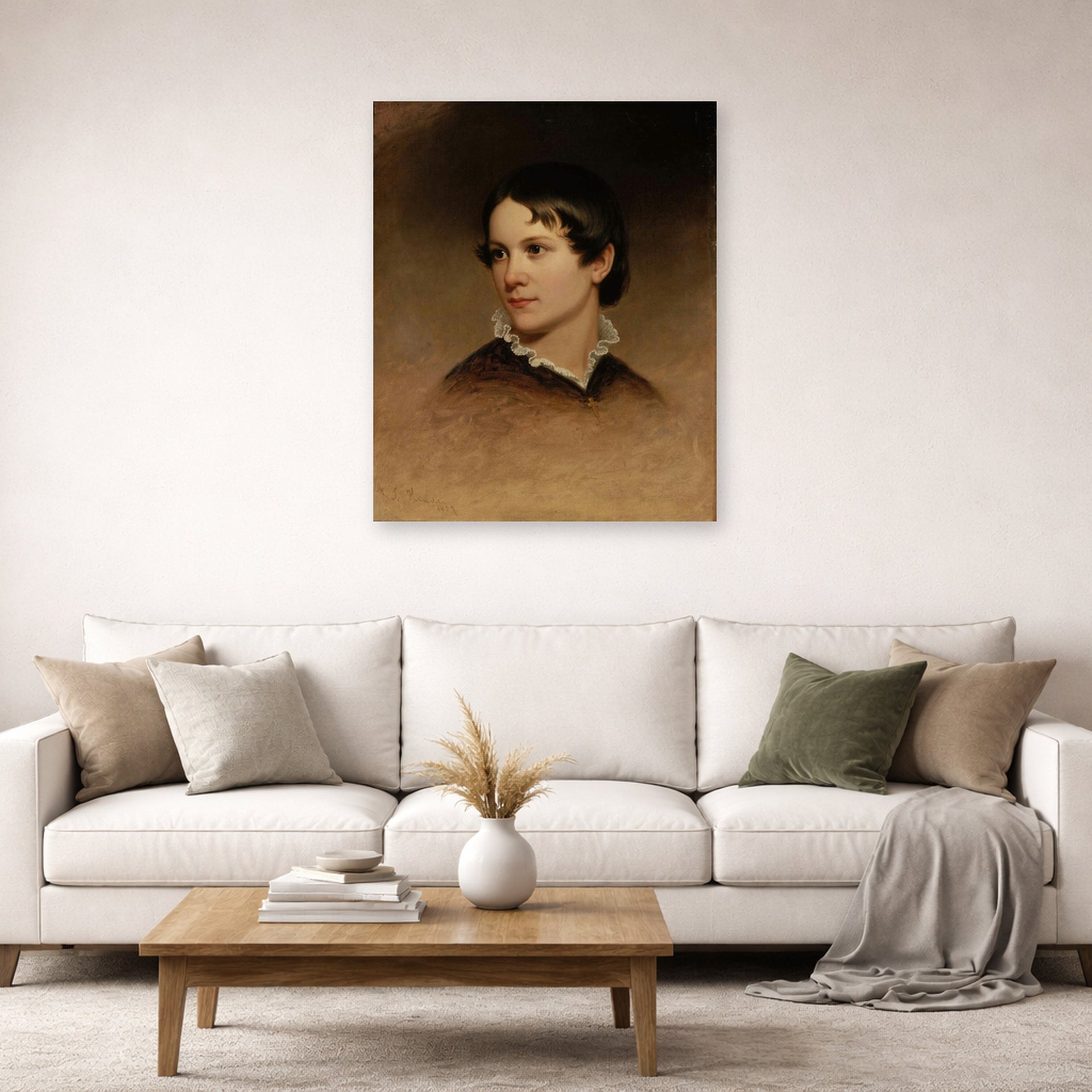 Unframed poster print of Martin Johnson Heade's 'Mary Rebecca Clark' displayed on a wall in a living room