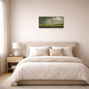 Gallery-wrapped canvas print of Martin Johnson Heade's 'Newburyport Meadows' displayed on a wall in a bedroom