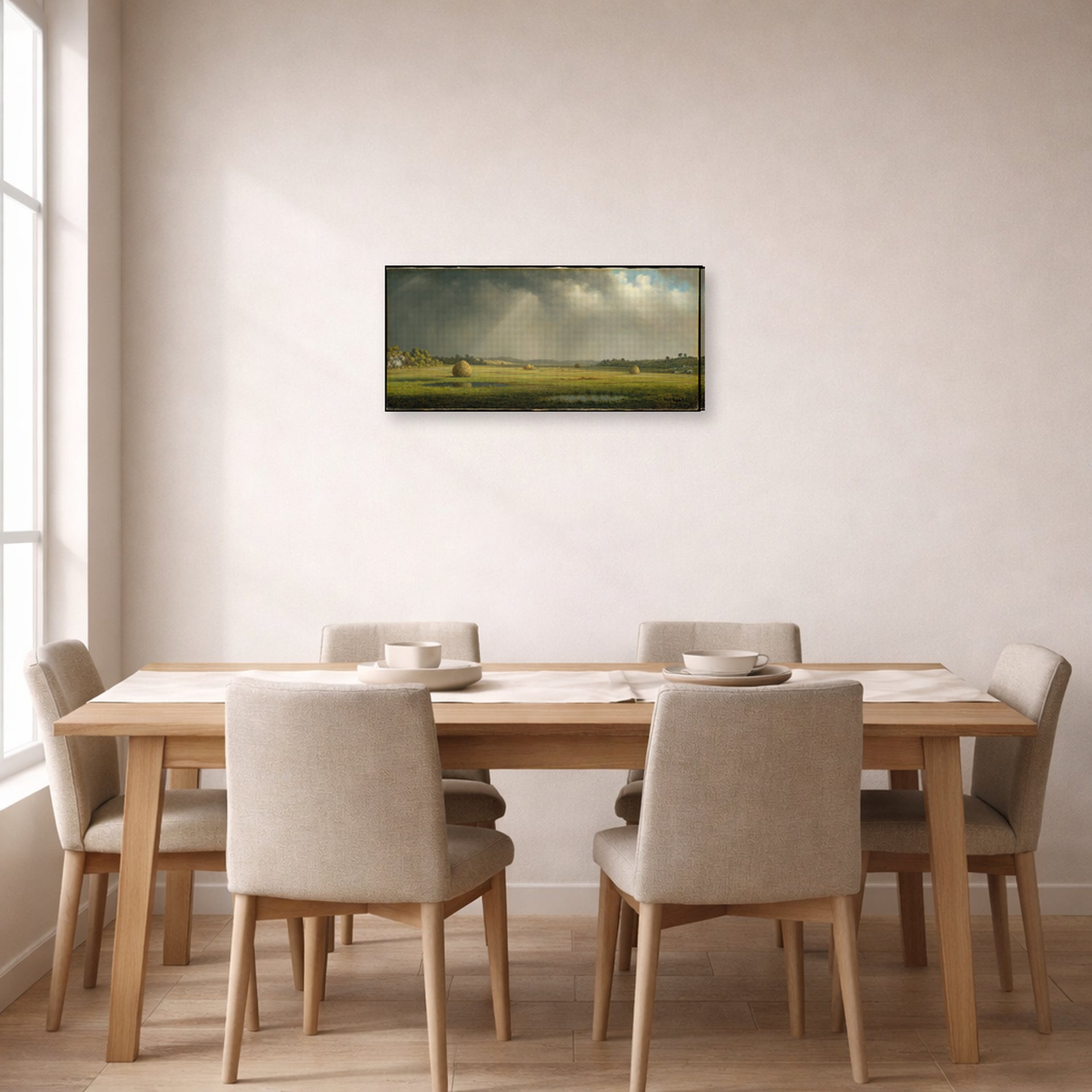 Gallery-wrapped canvas print of Martin Johnson Heade's 'Newburyport Meadows' displayed on a wall in a dining room