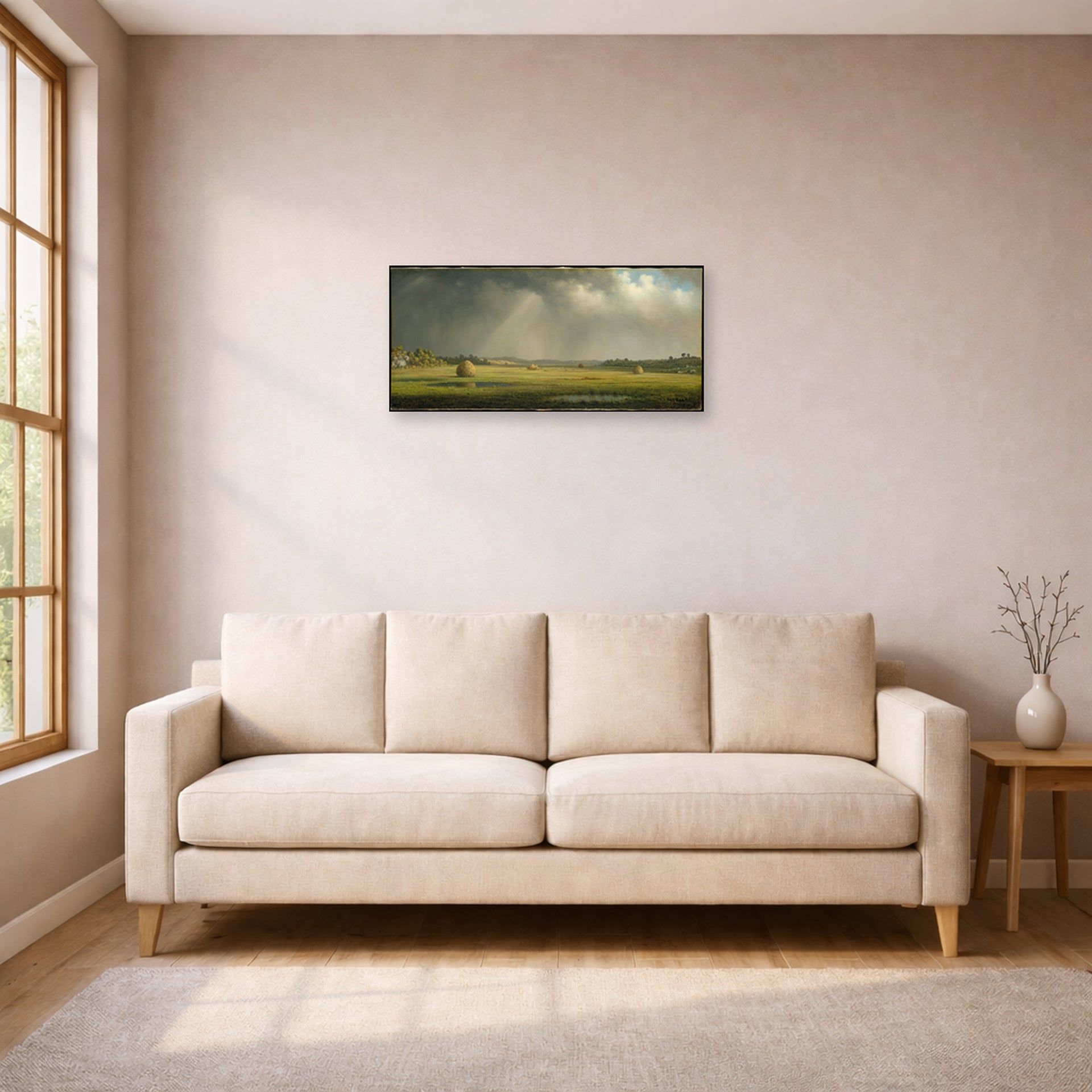 Unframed poster print of Martin Johnson Heade's 'Newburyport Meadows' displayed on a wall in a living room