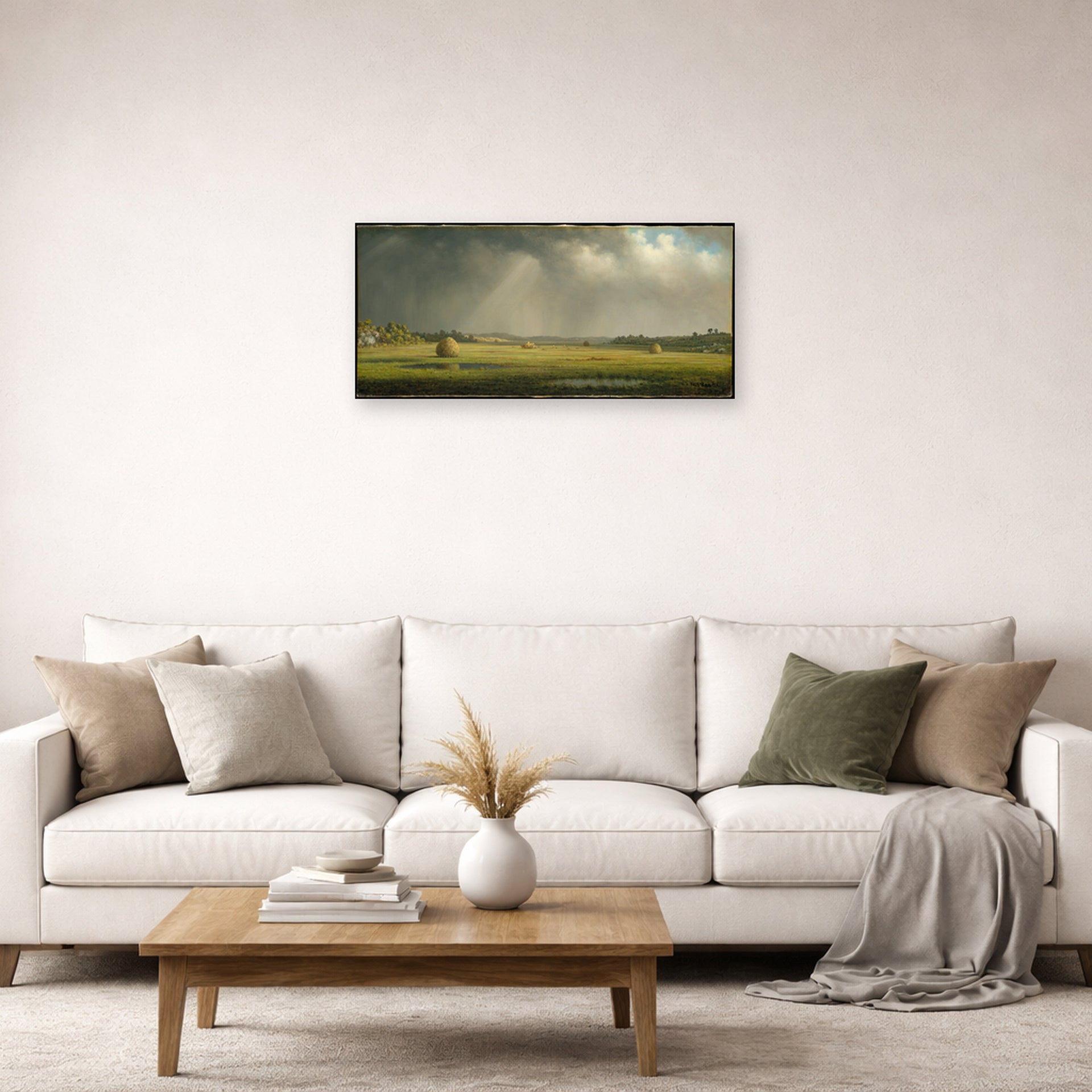 Unframed poster print of Martin Johnson Heade's 'Newburyport Meadows' displayed on a wall in a living room
