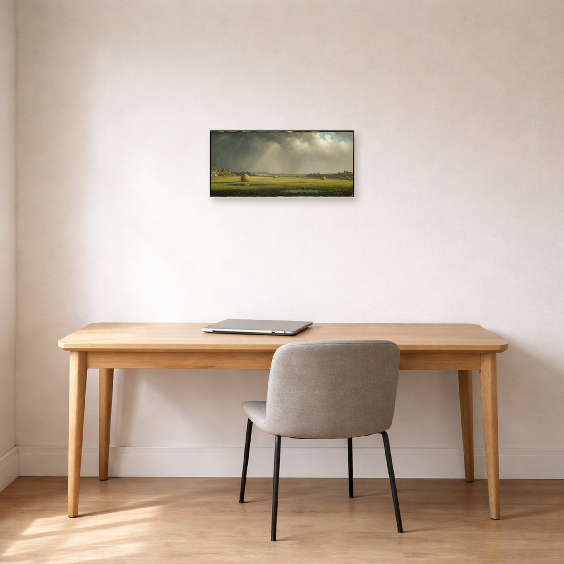 Unframed poster print of Martin Johnson Heade's 'Newburyport Meadows' displayed on a wall in a office