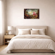Gallery-wrapped canvas print of Martin Johnson Heade's 'Orchid with Two Hummingbirds' displayed on a wall in a bedroom