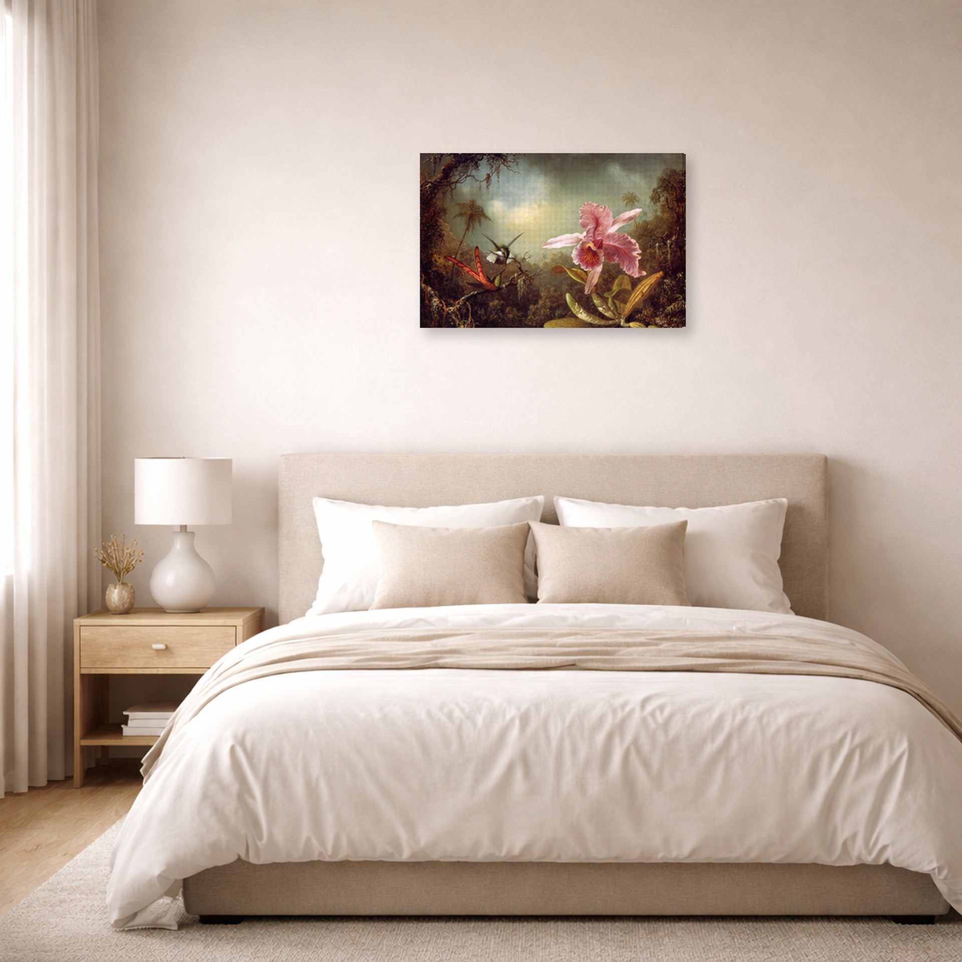 Gallery-wrapped canvas print of Martin Johnson Heade's 'Orchid with Two Hummingbirds' displayed on a wall in a bedroom