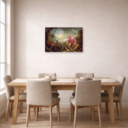 Gallery-wrapped canvas print of Martin Johnson Heade's 'Orchid with Two Hummingbirds' displayed on a wall in a dining room
