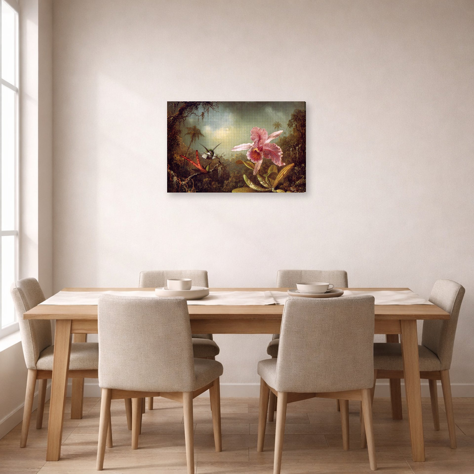 Gallery-wrapped canvas print of Martin Johnson Heade's 'Orchid with Two Hummingbirds' displayed on a wall in a dining room