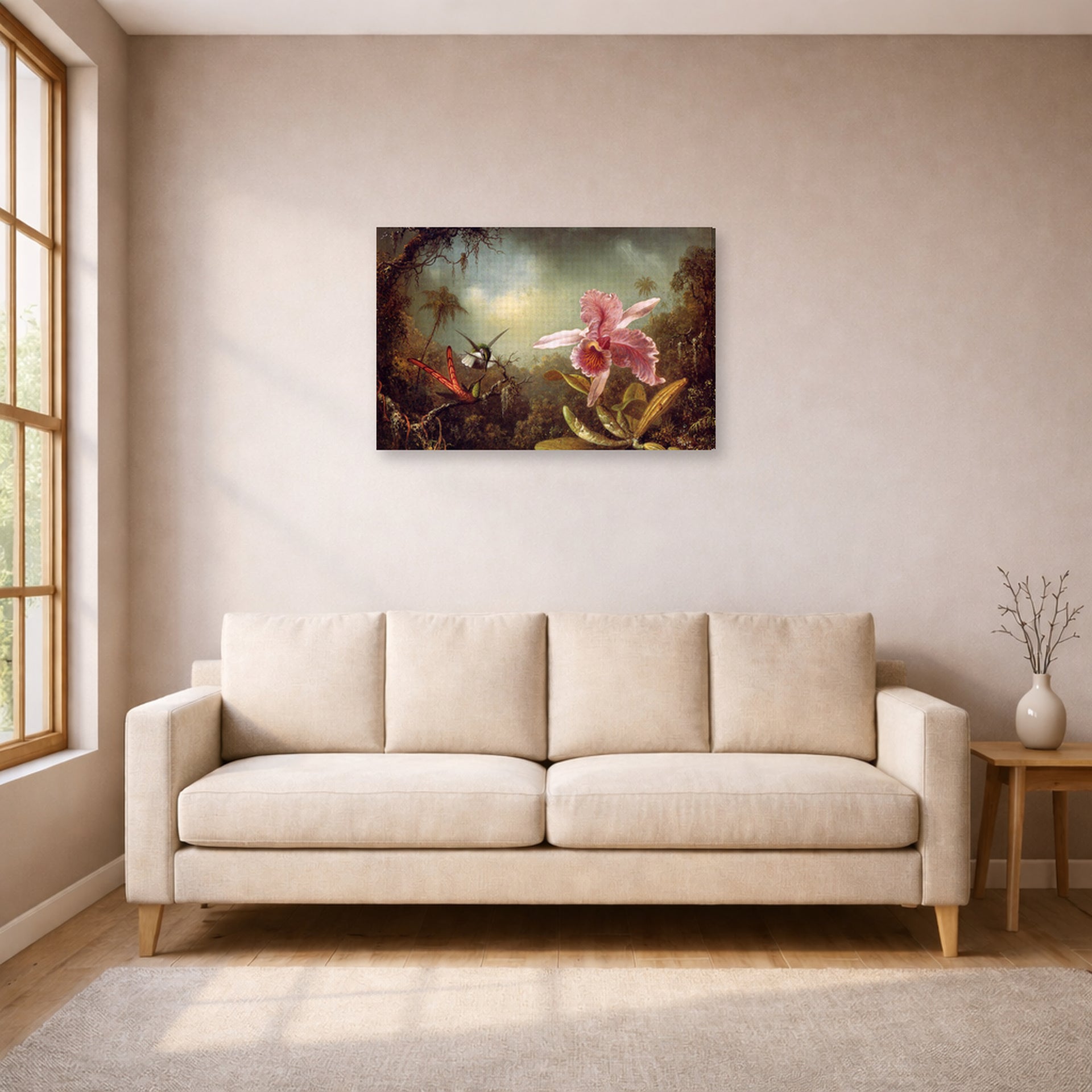 Gallery-wrapped canvas print of Martin Johnson Heade's 'Orchid with Two Hummingbirds' displayed on a wall in a living room
