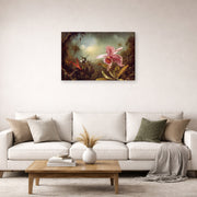 Gallery-wrapped canvas print of Martin Johnson Heade's 'Orchid with Two Hummingbirds' displayed on a wall in a living room