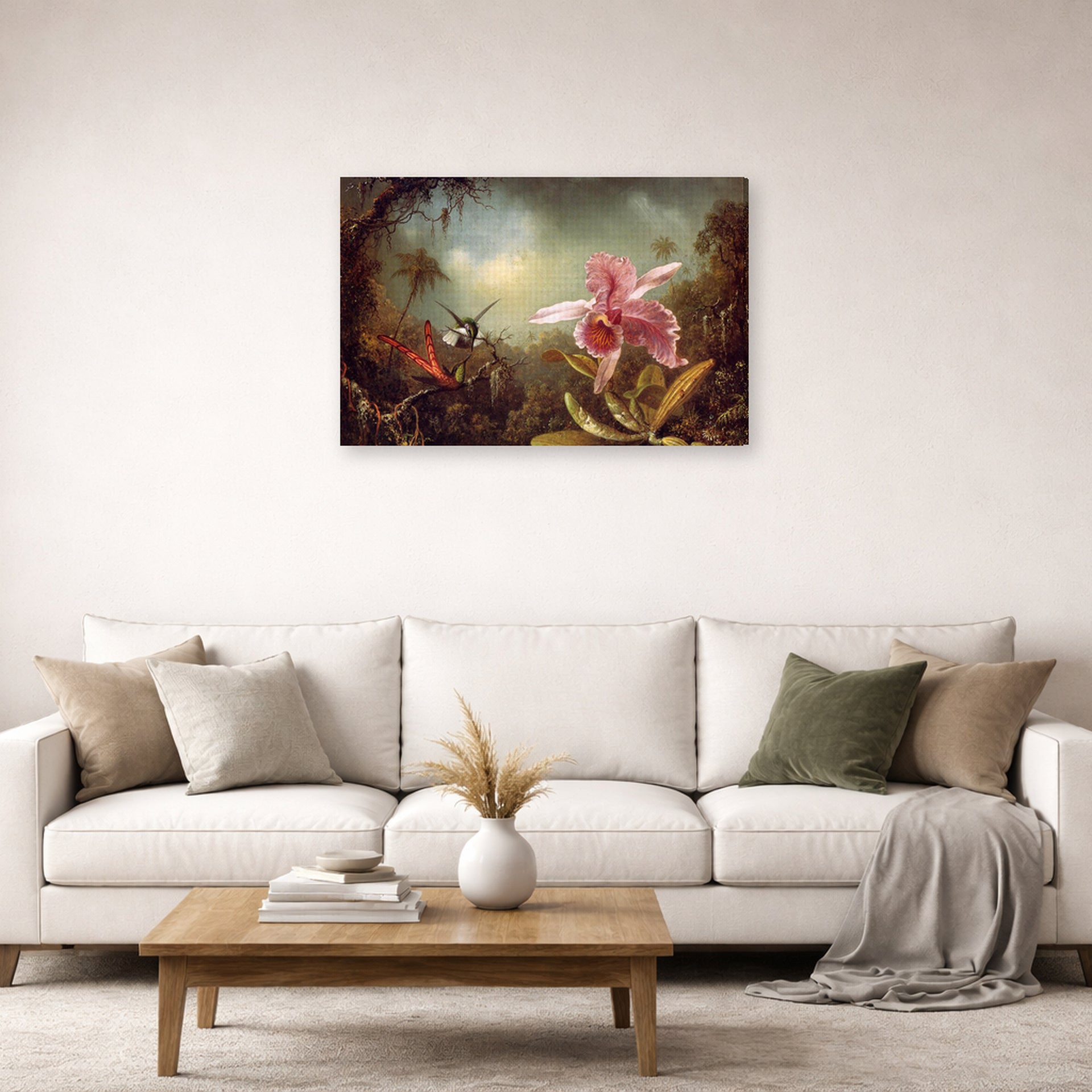 Gallery-wrapped canvas print of Martin Johnson Heade's 'Orchid with Two Hummingbirds' displayed on a wall in a living room