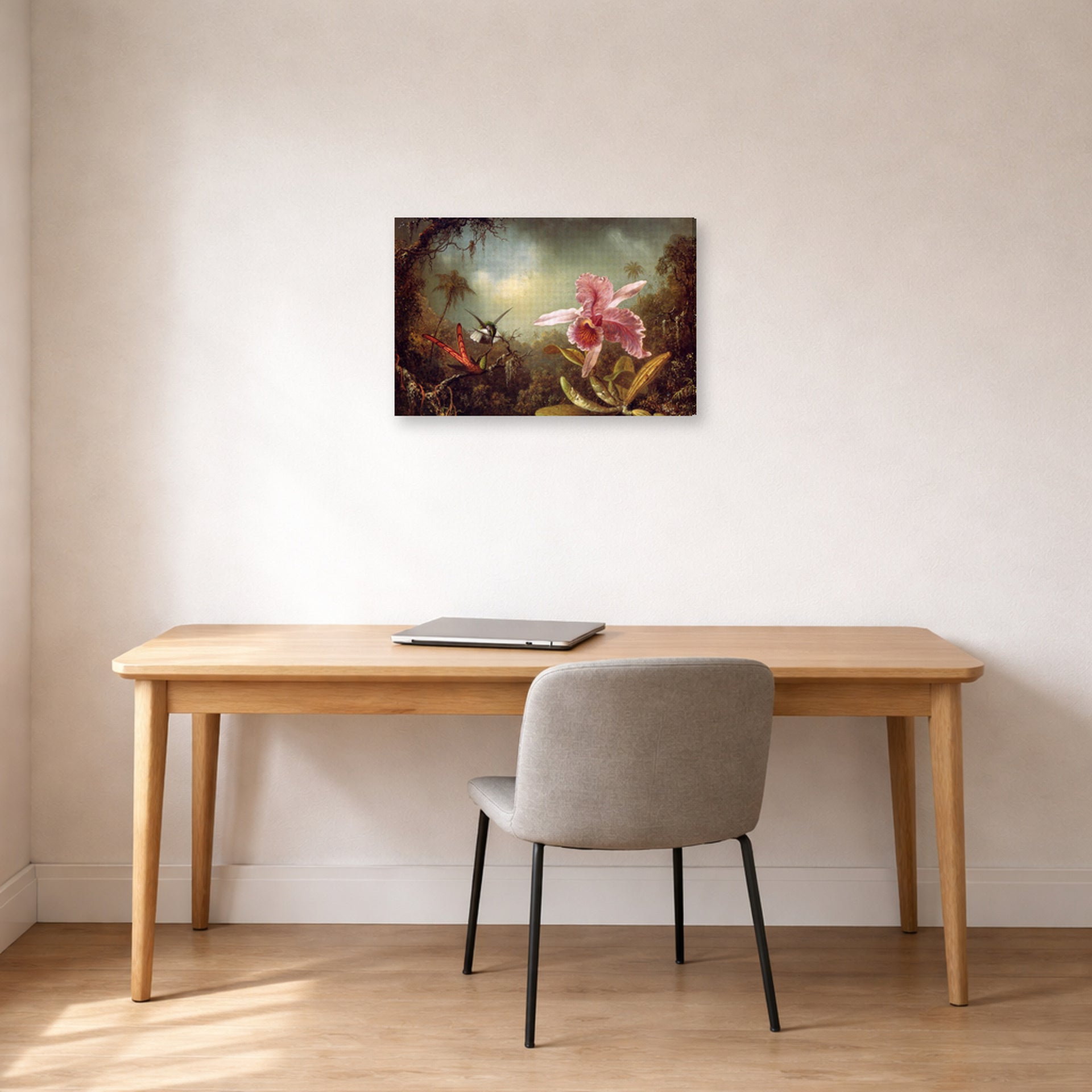 Gallery-wrapped canvas print of Martin Johnson Heade's 'Orchid with Two Hummingbirds' displayed on a wall in a office