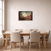 Unframed poster print of Martin Johnson Heade's 'Orchid with Two Hummingbirds' displayed on a wall in a dining room