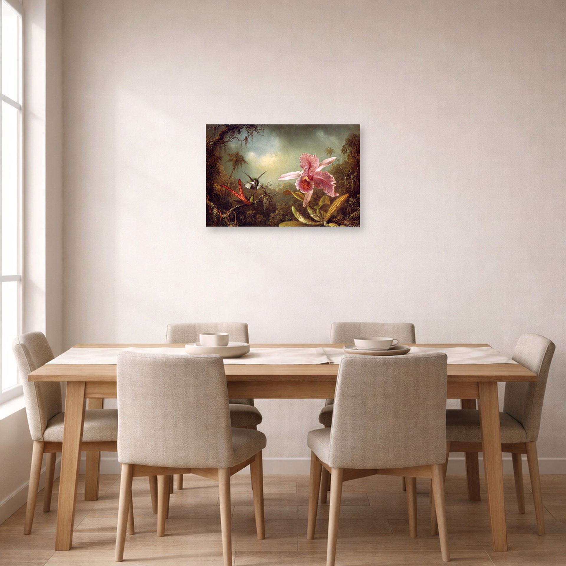 Unframed poster print of Martin Johnson Heade's 'Orchid with Two Hummingbirds' displayed on a wall in a dining room