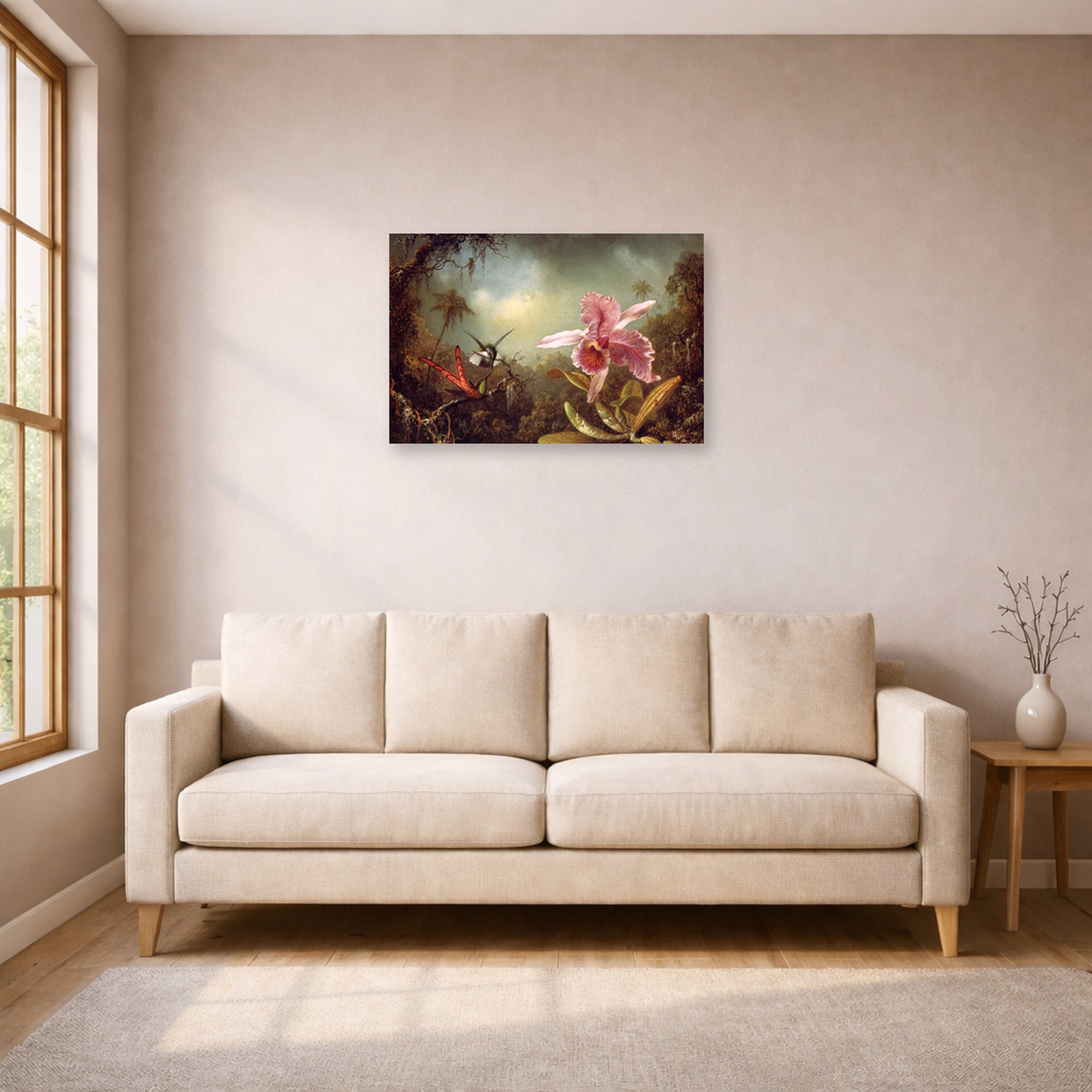Unframed poster print of Martin Johnson Heade's 'Orchid with Two Hummingbirds' displayed on a wall in a living room
