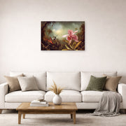 Unframed poster print of Martin Johnson Heade's 'Orchid with Two Hummingbirds' displayed on a wall in a living room